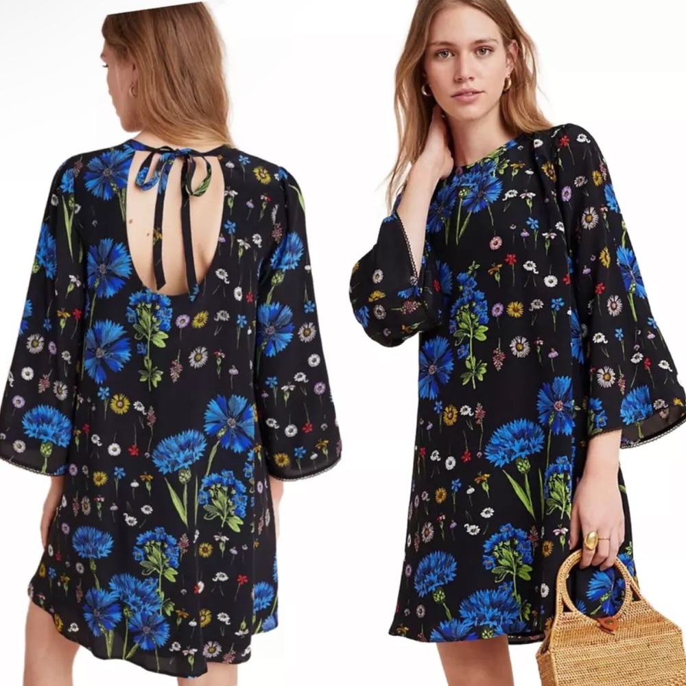 Anthropologie Maeve Lucinda Dark‎ Floral Dress Size  M Silk Swingy Tunic Black